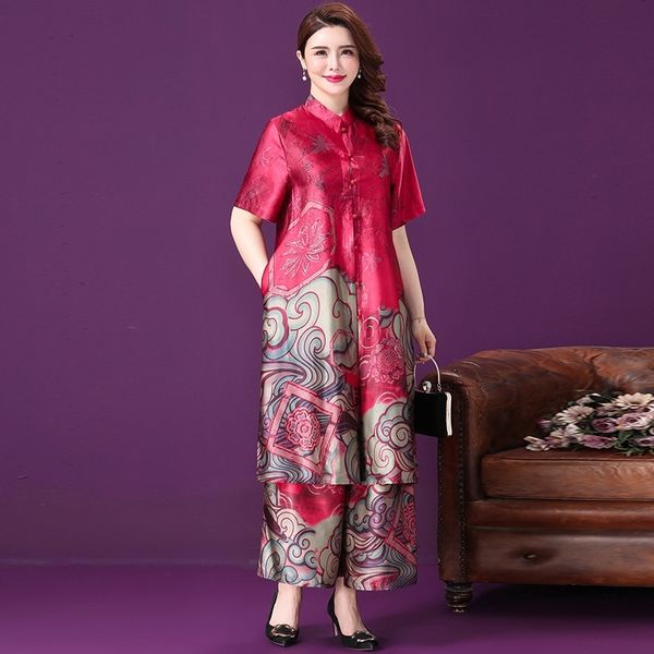 

rxwx8 large women's silk printed leg cardigan leg pants pants wide piece pantswide long pantstwo loose national style set 0sjxk, Gray