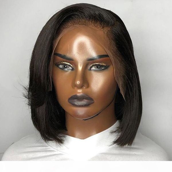 

13*4 straight black short bob synthetic 180% lace front wigs with side part for women heat fiber hair realistic daily wear wig