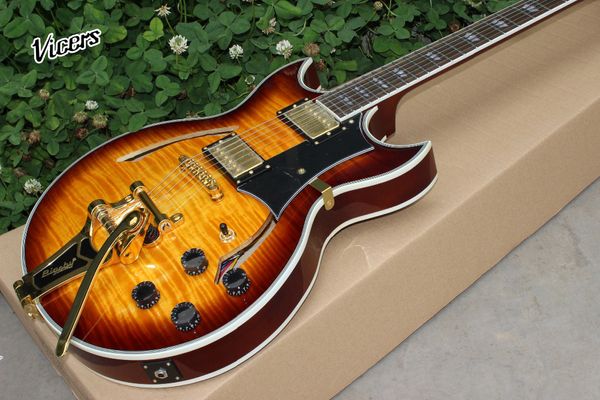 

new standard custom,hollow body jazz electric guitar, sunburst tiger flame gitaar,gold hardware guitarra.,vibrato system