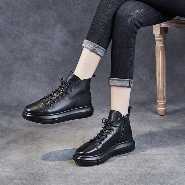 

leather motorcycle boots female vintage style 2021 autumn winter new round wild soft genuine leather flat platform ankle boots, Black
