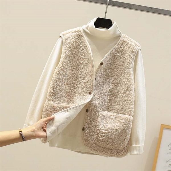 

autumn fleece waistcoat women winter white vest ladies warm thick sleeveless jacket vests for women 201211, Black;white