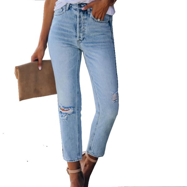 

wepbel women's high waist ankle length ripped jeans hole women jeans pants trousers hole bleached fashion pockets, Blue