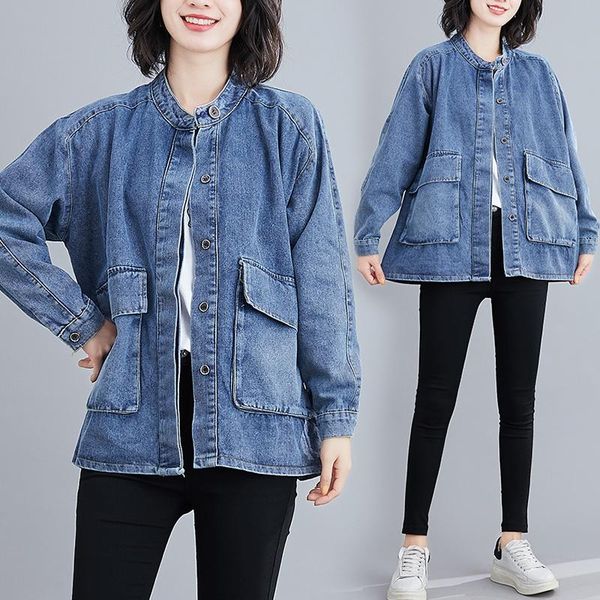 

plus size jeans jacket women korean long sleeves denim jacket female 2021 new autumn winter double pocket windbreaker outerwear, Black;brown