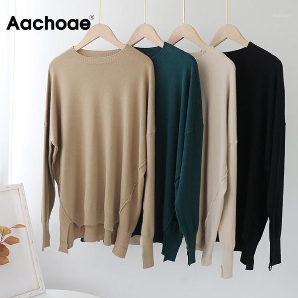 

aachoae o neck solid pullover sweater women hem irregular stylish chic sweaters lady batwing long sleeve knitted sweater female1, White;black