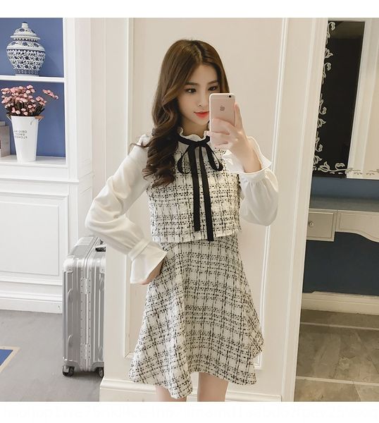 

2020 spring and autumn wear new korean version of small fragrance temperament long sleeve fake two piece woolen suit wool dress dress gxy, Black;gray