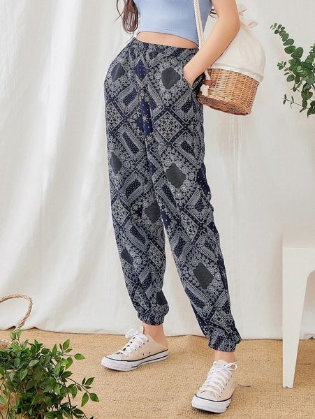 

dazy scarf print slant pockets tapered pants n3nw#, Black;white