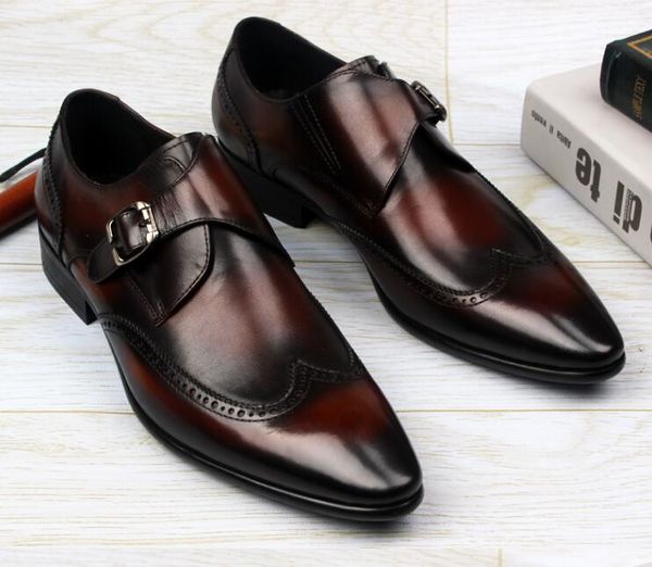 

dress shoes men slip on med heel genuine leather buckle strap pointed toes carved brogue smart casual shoes derby oxfords, Black