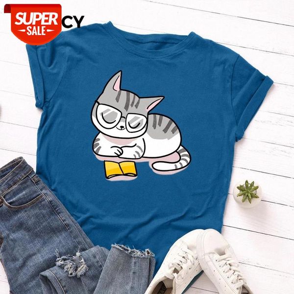

jfuncy plus size loose tee summer women cotton t-shirt funny cartoon cat print female tshirt short sleeve woman t shirt #aa2w, White