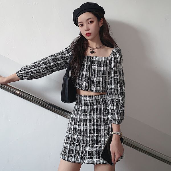 

2021 new high-end ladies temperament suit two-piece retro tweed puff sleeve short skirt tom6, Gray