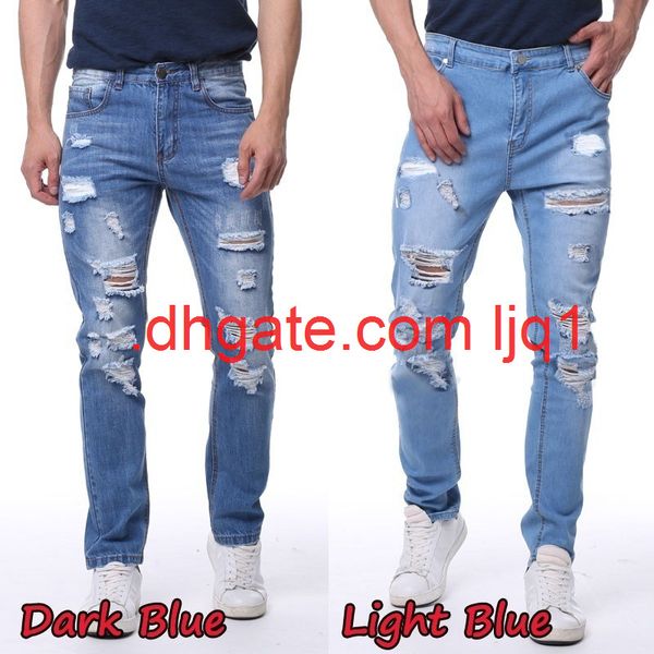 

new style men's jeans slim straight tube hole washing large men's trousers, Blue