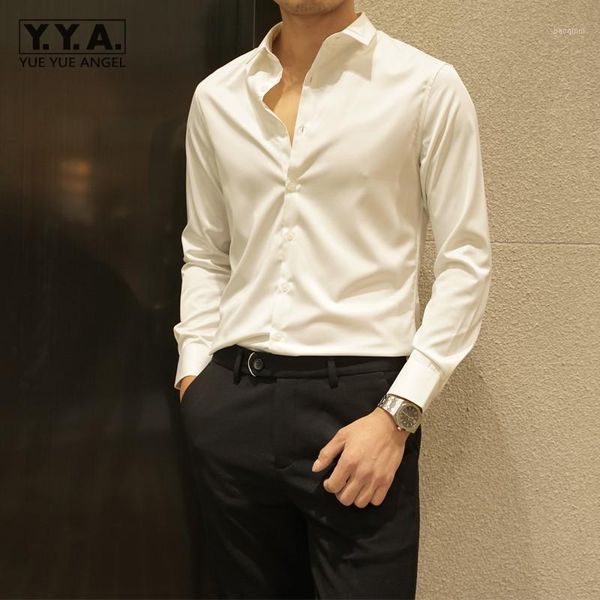 

personality long sleeve mens solid turn-down collar formal shirts new fashion spring elastic slim fit single breasted casual, White;black
