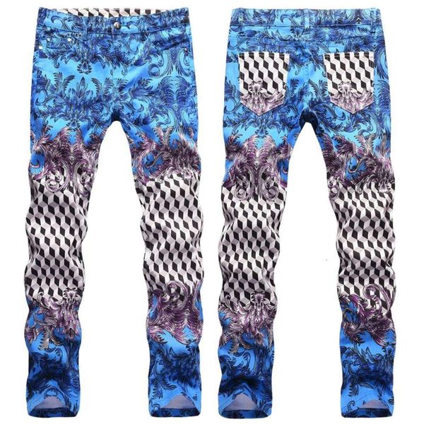 

men's court style cotton elastic slim color printing personalized small straight jeans, Blue