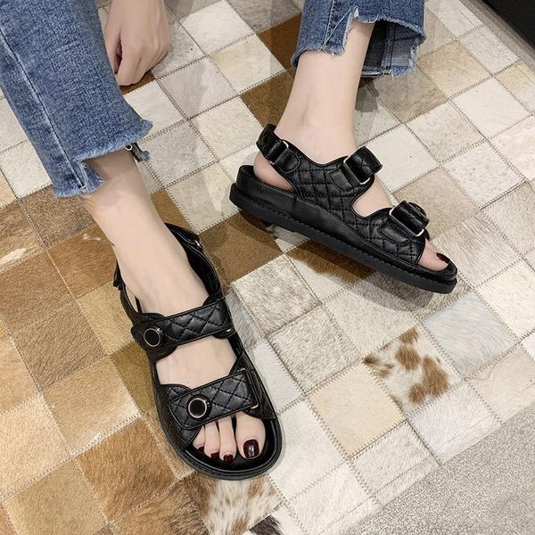 

2021 new sandals casual all-match back flap flat shoes leather couple shoes for men and women, Black