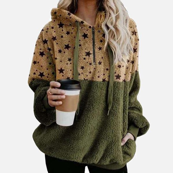 

women plush patchwork stars sweatshirts hoodies drawstring long sleeve female pullovers autumn ladies casual thick sweatshirt1, Black