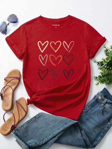 

heart print round neck tee 339u#, White