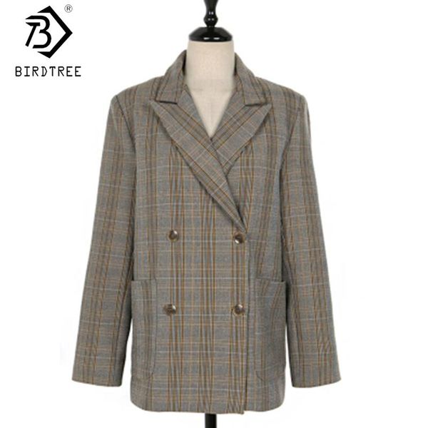 

women's suits & blazers 2021 autumn notched woman coats plaid women double breasted long sleeve pockets slim outerwear all match c0860, White;black