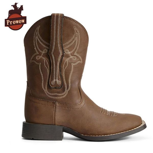 

prowow shoes girls boys kids bully bully western cowboy boots genuine leather handmade suture square toe children' ankle boots, Black;grey