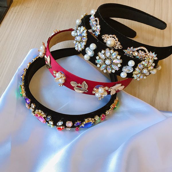 

velvet rhinestone hairband ladies temperament headband retro palace wide-brimmed hairpin, Silver