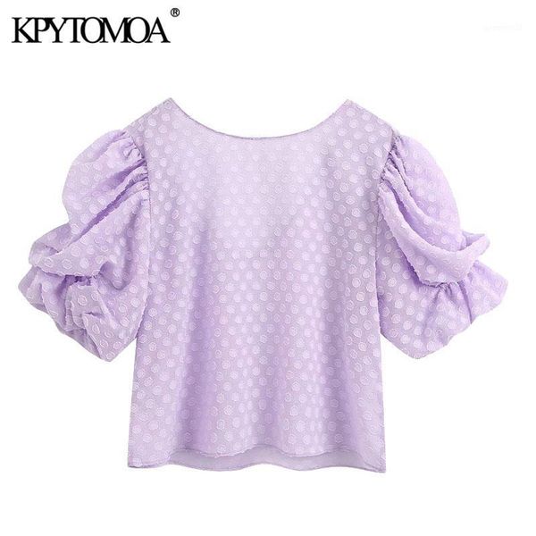 

kpytomoa women 2020 fashion textured weave blouses vintage o neck puff sleeve backless female shirts blusas chic 1, White