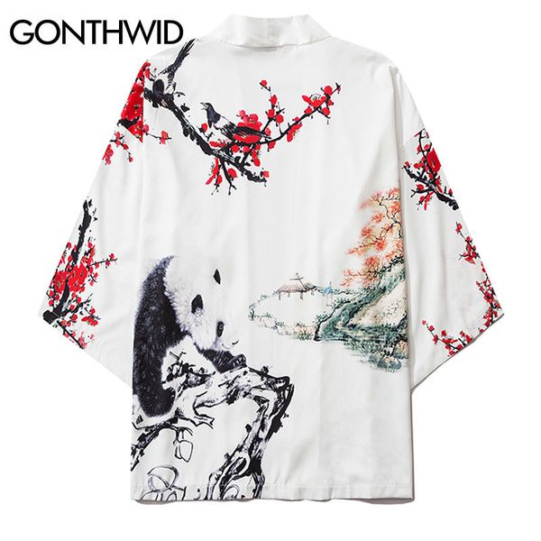 

panda plum blossom print mens casual kimono japanese floral printed cardigan shirts streetwear coats kg-330, Black;brown