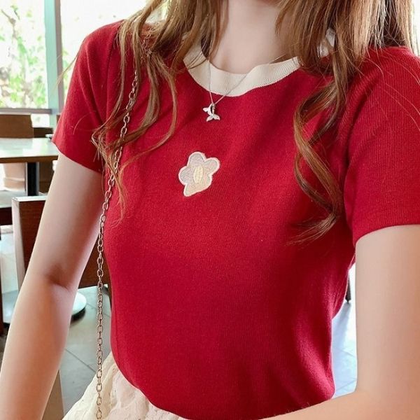 

super short sleeve ice silk knitted t- women's 2020 summer new embroideryembroidery embroidery korean style half sleeve embroidered, White