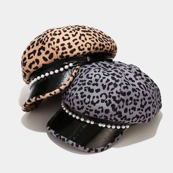 

leopard print beret casual painter hat peaked octagonal hat girl and women 16, Blue;gray
