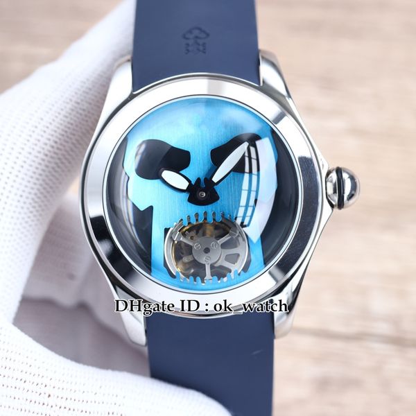 Nuovo 46mm Admiral's Cup Bubble Cassa in acciaio Orologio L016 / 03268 Quadrante nero Blue Skull Automatic Tourbillon Orologio da uomo in gomma con retro in vetro Orologi sportivi