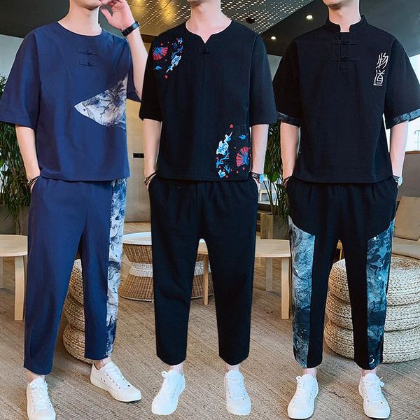 

men's casual cotton and linen short-sleeved trousers suit chinese spring and summer chinese clothing loose printed short-sleeved, Gray
