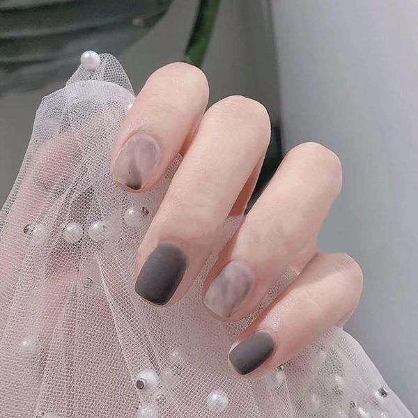 

false nails 24pcs artificial with glue smoky halo dyeing removable manicure patch pre design acrylic nail tips, Red;gold