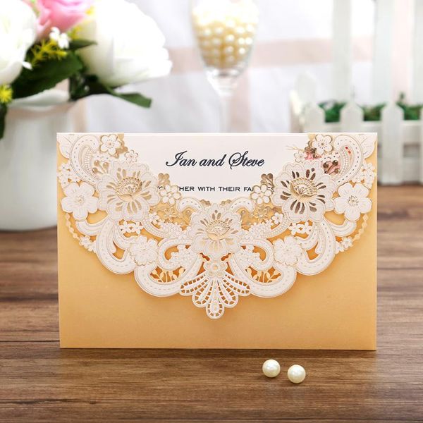 

50 pcs horizontal laser cut wedding invitation with gold hollow flora,customizable