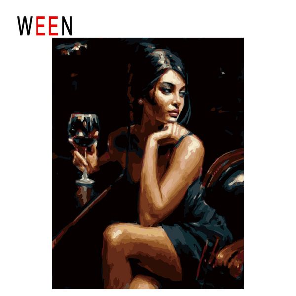 WEEN Donna che beve-Dipinto ad olio fai da te con i numeri, Immagine da parete incorniciata, Pittura a olio su tela con i numeri Immagine della decorazione della casa 40x50 cm Y200102