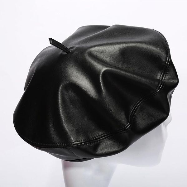 

women faux leather berets autumn winter warm plus velvet solid color pu leather felt cap female boina hats beret gorras jllwqi light2010, Black;white