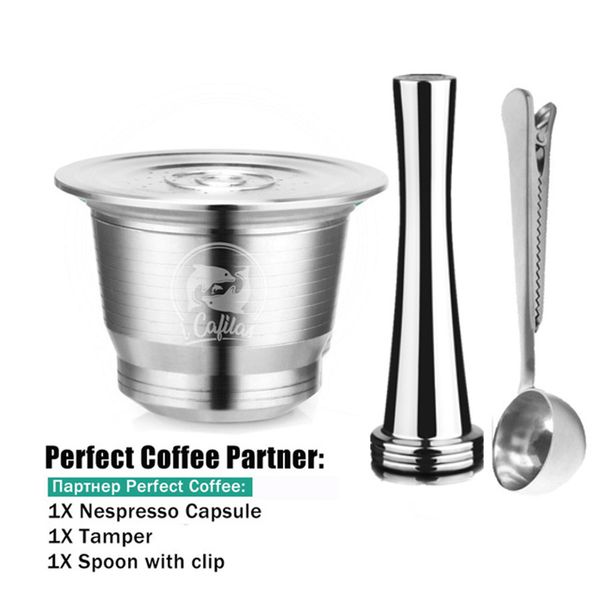 

stainless steel nespresso coffee filter reusable capsule +stainless coffeetamper +multifunction metal coffee spoon with clip 1021