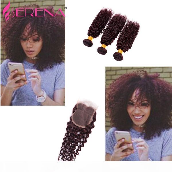 

7a 99j red brazilian kinky curly virgin hair 4 bundle burgundy brazilian hair weave bundles curly hair extensions closure curly, Black;brown