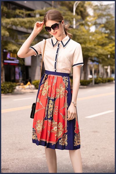 

milan runway dress 2019 lapel neck short sleeve panelled print designer dress brand same style dress 052517, Black