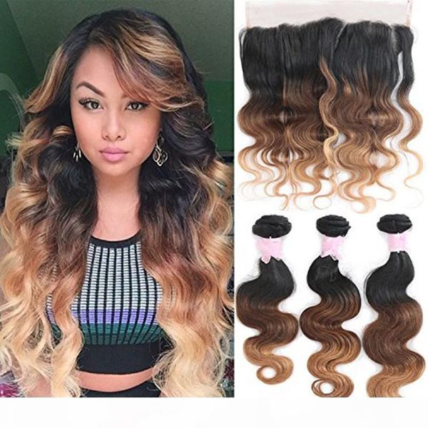 

#1b 4 27 honey blonde ombre 13x4 lace frontal with bundles 9a brazilian body wave hair with lace frontal closure, Black;brown