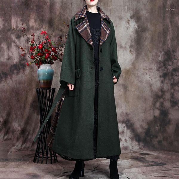 

autumn and winter women's retro suit collar lattice splicing loose large size woolen coat lace long over the knee overcoat1, Black
