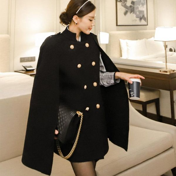

new arrival fashion professional jacket women temperament high neck loose double-breasted cloak shawl wool coat long black
