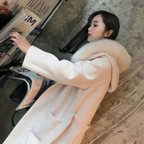 

women autumn winter outerwear wool blend thicken warm long coat lady slim woolen overcoat cashmere jacket with fur collar f1840x1020, Black