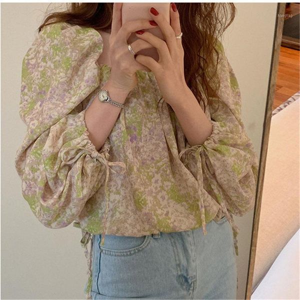 

summer retro floral drawstring new arrival sweet high waist 2020 streetwear feminine cute chic all match women blouses1, White