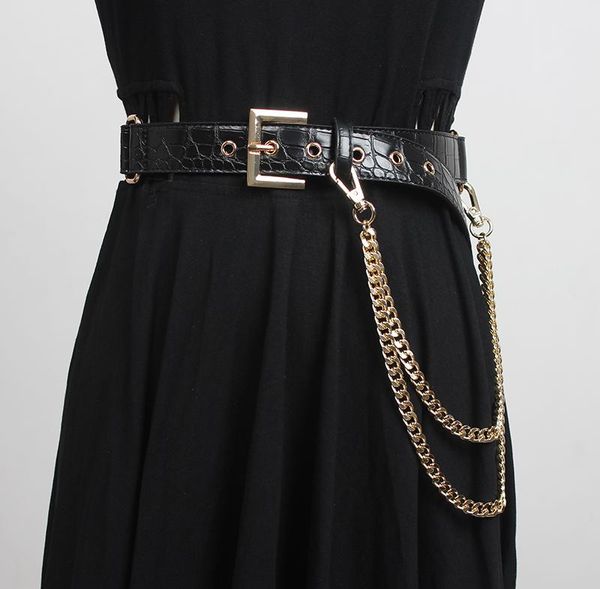 

women's runway fashion pu leather chain cummerbunds female dress corsets waistband belts decoration narrow belt r3415, Black;brown