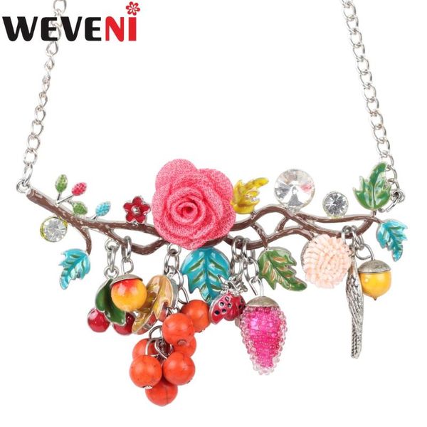 

weveni statement metal flower fruits tassel tree plant choker necklace pendants chain collar fashion enamel jewelry for women, Golden;silver