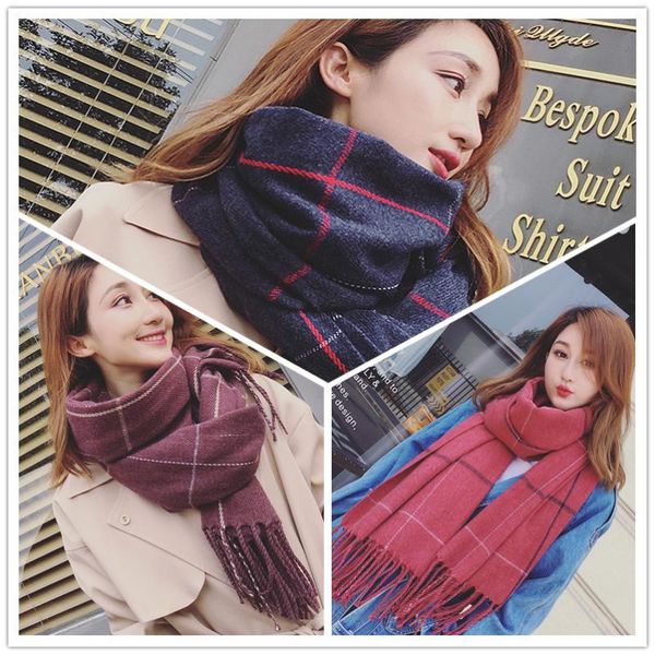 

19 autumn winter korean plaid warm scarf for men and women imitation cashmere double-sided medium and long shawl, versatile, Blue;gray