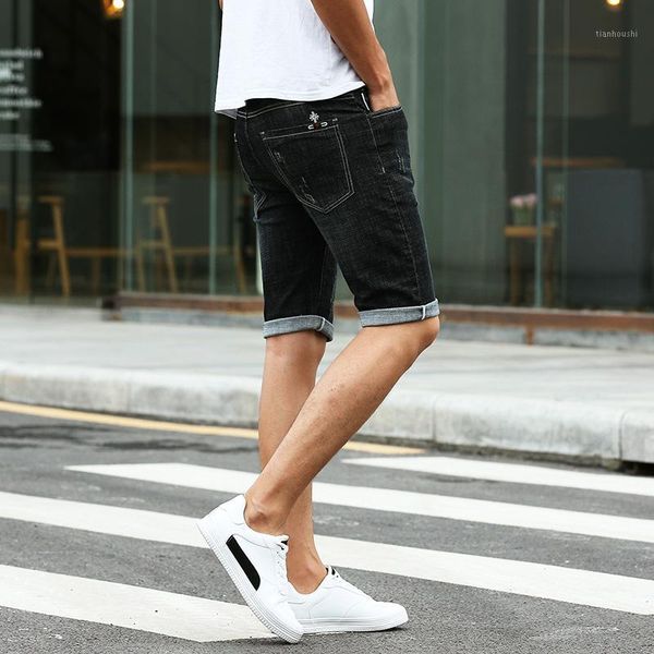 

selling summer casual thin short homme de marque 2020 korean youth mens denim shorts elasticity skinny jeans black blue w0051