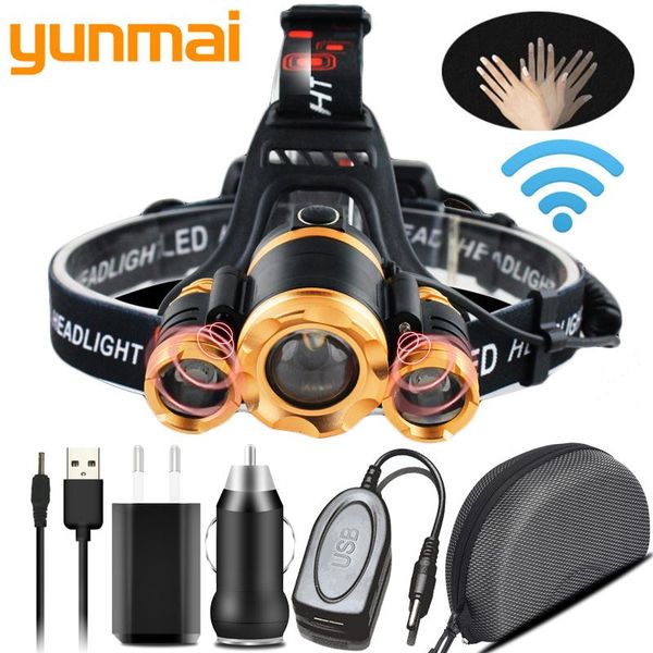 

sensor led headlamp zoomable t6 head torch rechargeable light forehead lamp fishing headlight powerbank 18650 battery