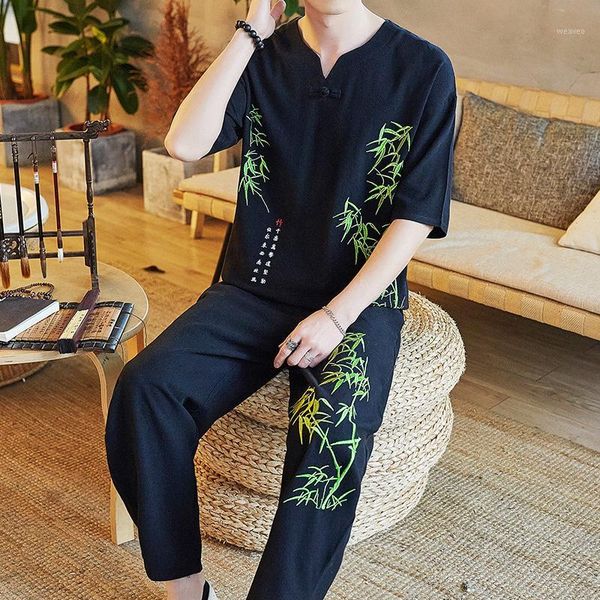 

sinicism store men's set casual suit cotton linen t shirt man shorts oversize men t-shirt male 2020 summer embroidery tracksuit1, Gray