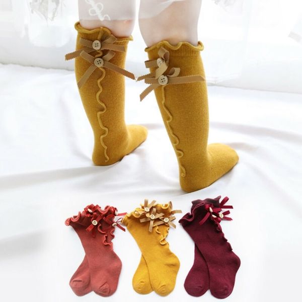 

cute stockings warm sox newborn toddler baby knee high solid color ruffles bowknot autumn baby girls socksings anti slip y201009, Pink;yellow