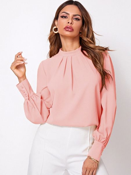 

keyhole back mock neck solid blouse m62w#, White