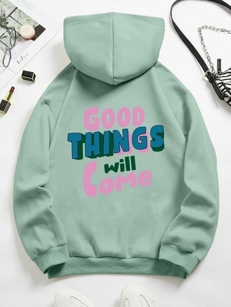 

slogan graphic kangaroo pocket drawstring thermal hoodie 31sh#, White;black