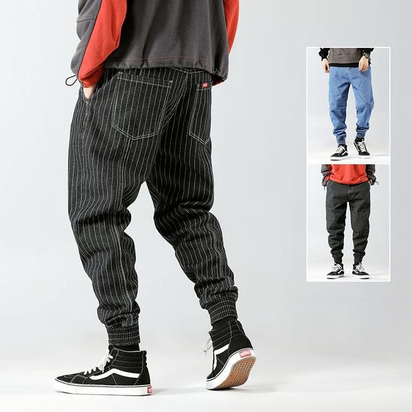 

men's jeans autumn winter thicken fleece loose plus size stripes small feet streetwear harem trousers fashion tide clothing for men, Blue